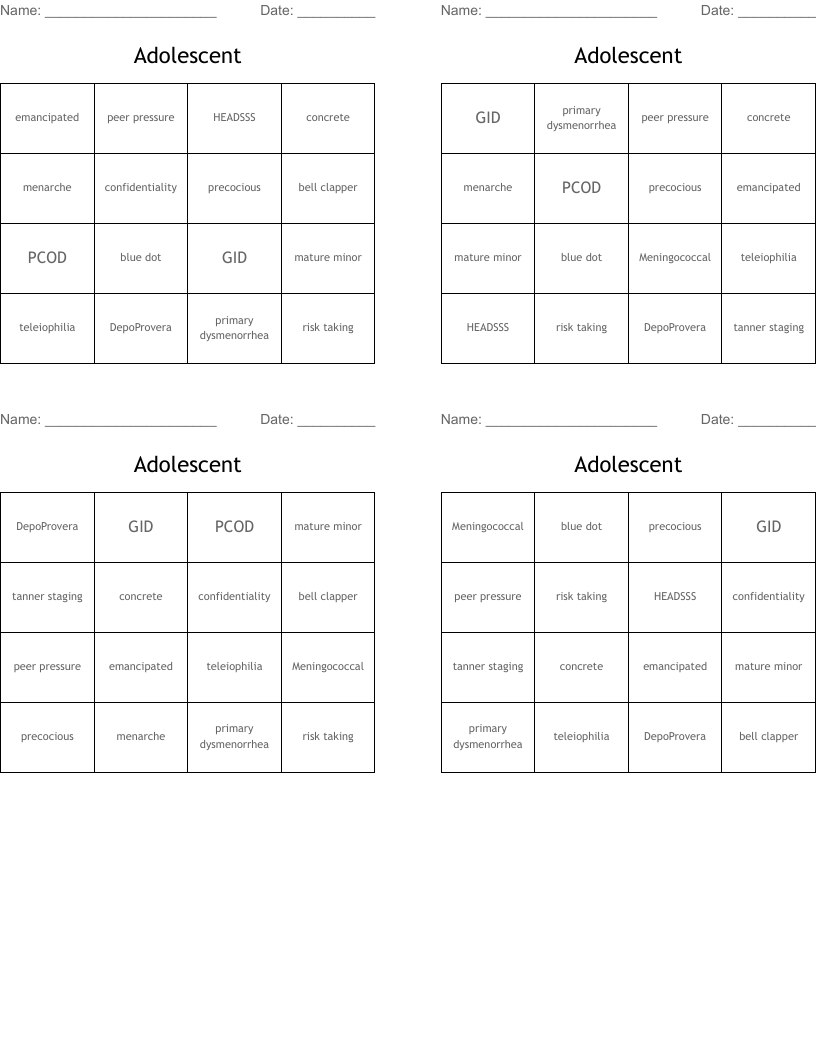 Adolescent  Bingo Cards