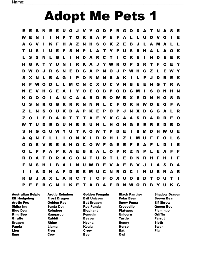 Adopt Me Pets 1 Word Search