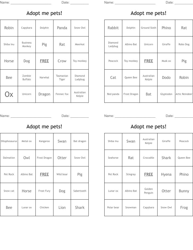 Adopt me pets! Bingo Cards
