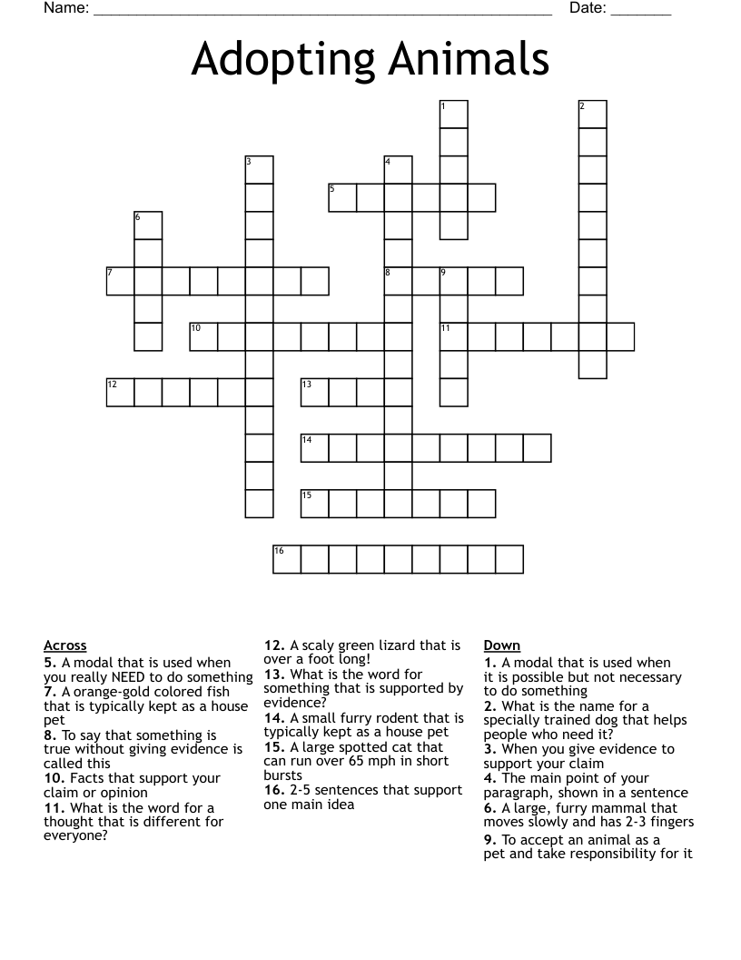 Adopting Animals Crossword