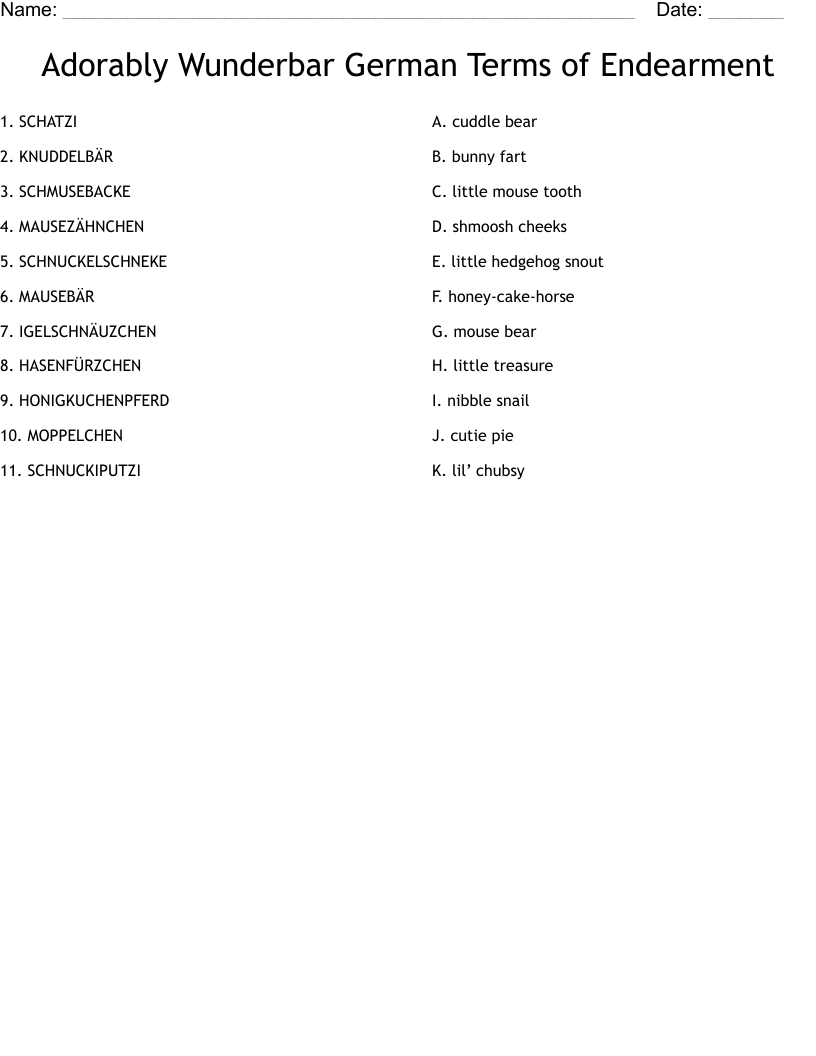 Adorably Wunderbar German Terms of Endearment Worksheet