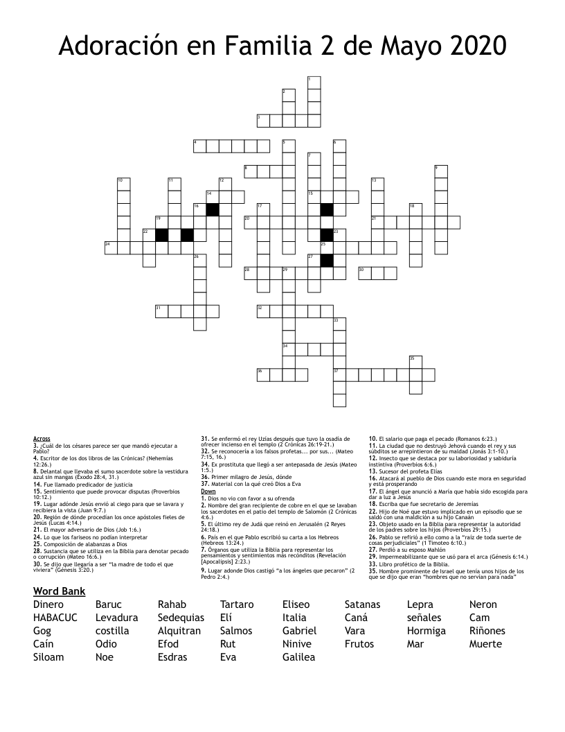 Adoración en Familia 2 de Mayo 2020 Crossword