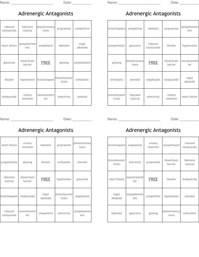 Adrenergic Antagonists Bingo Cards