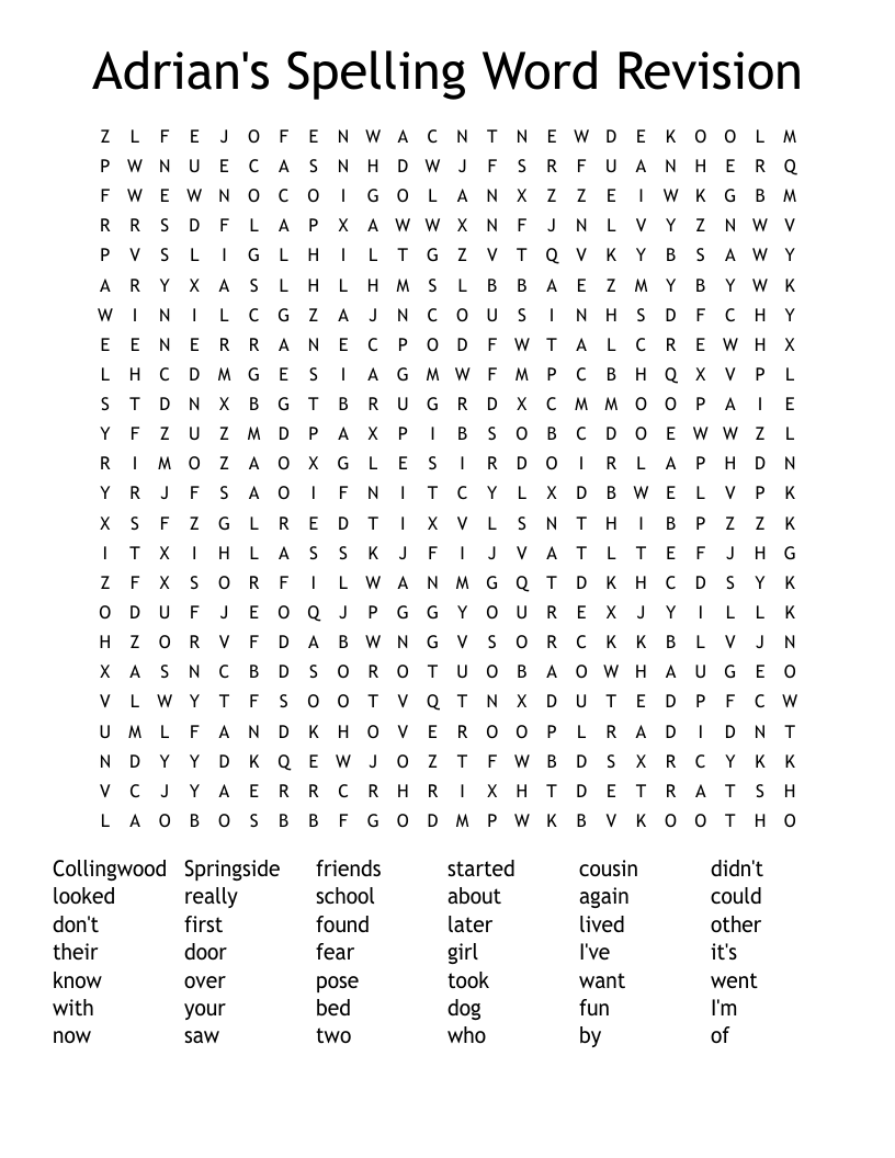 Adrian's Spelling Word Revision Word Search