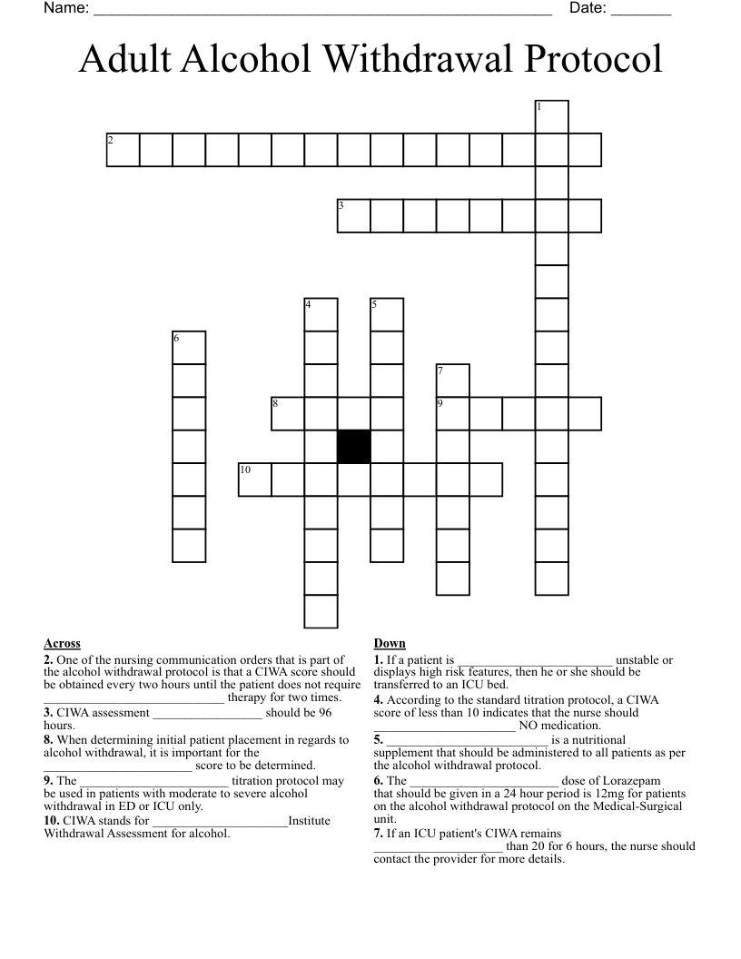 Adult Alcohol Withdrawal Protocol Crossword
