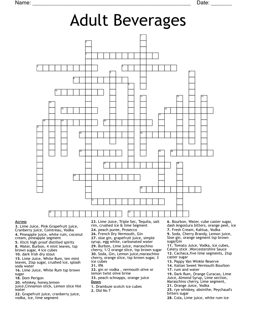 Adult Beverages Crossword