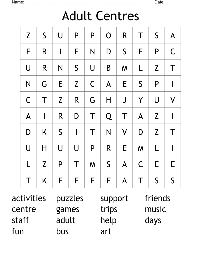 Adult Centres Word Search