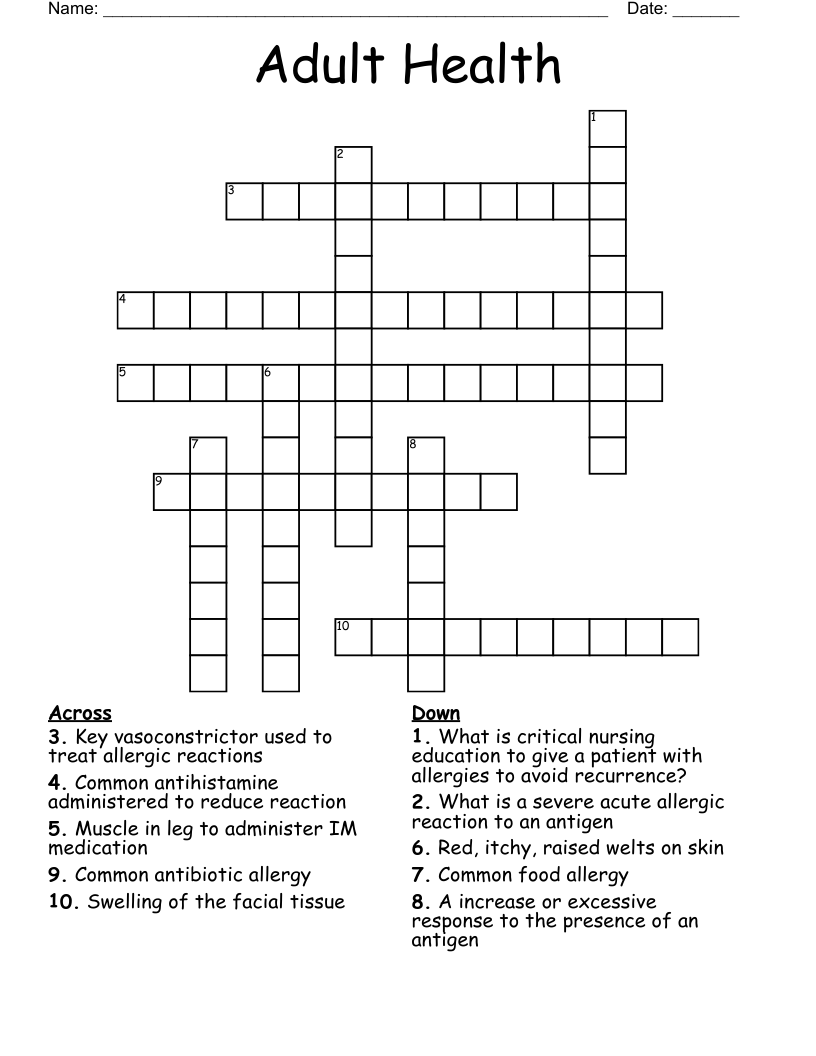 Adult Health Crossword