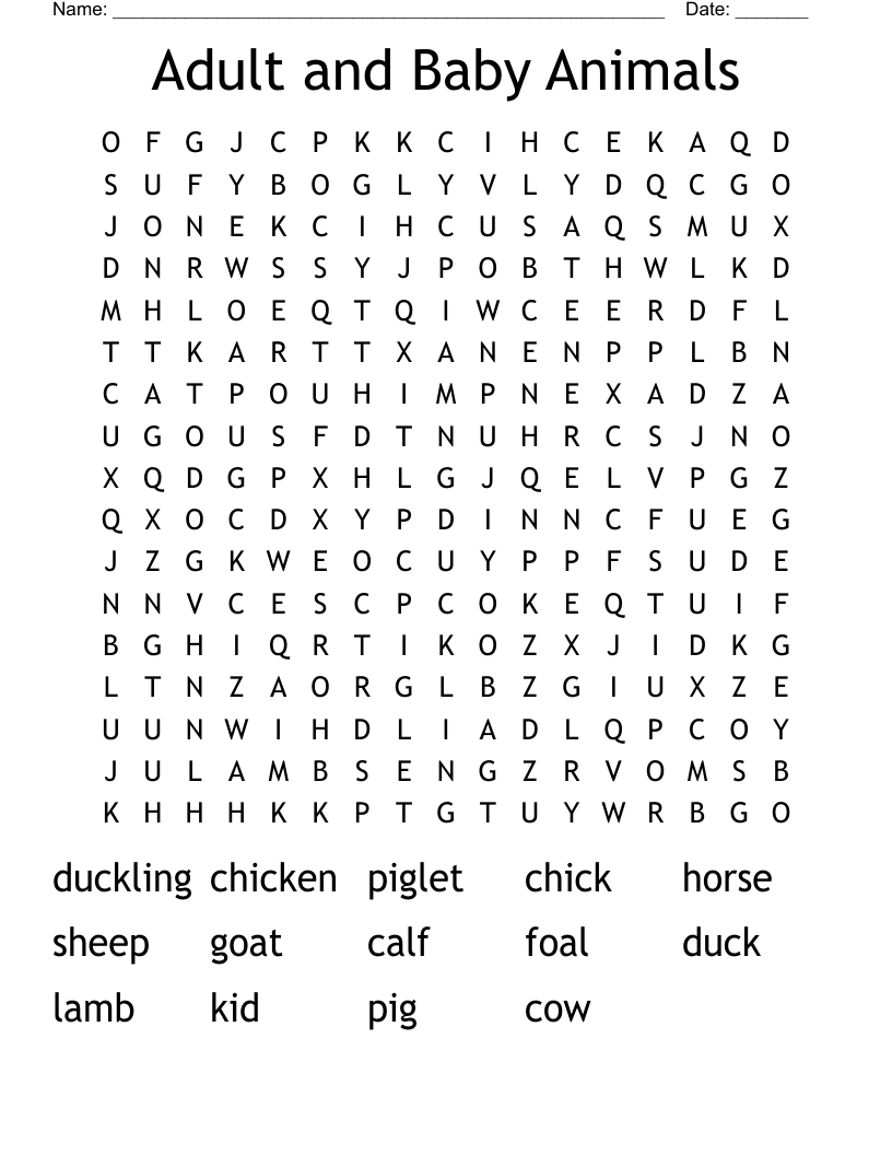 Adult and Baby Animals Word Search