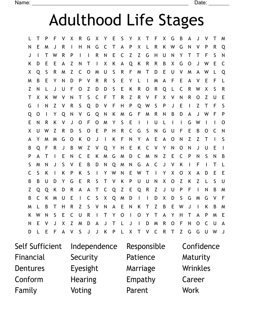 Adulthood Life Stages Word Search