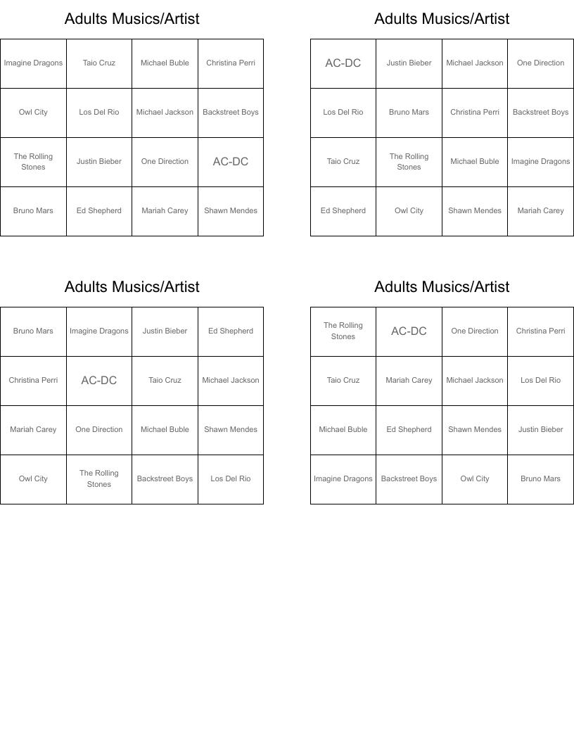 Adults Musics/Artist Bingo Cards