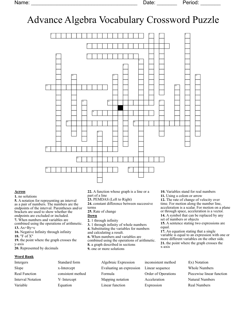 Advance Algebra Vocabulary Crossword Puzzle 