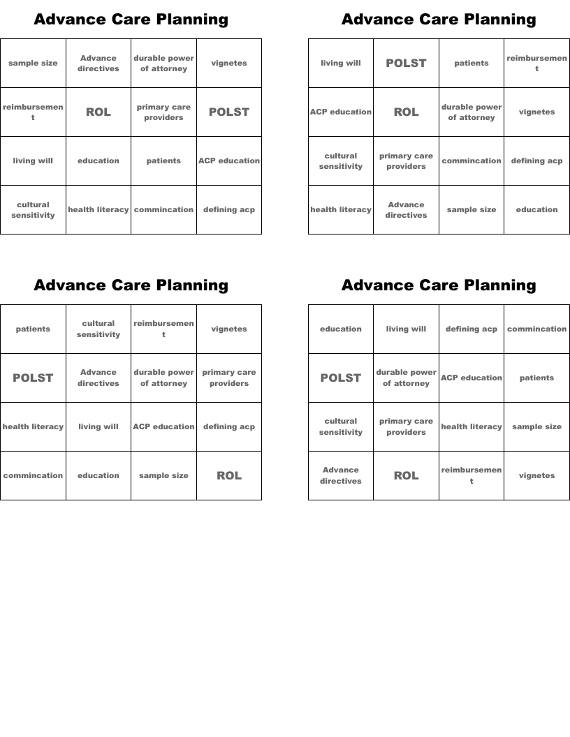 Advance Care Planning Bingo Cards