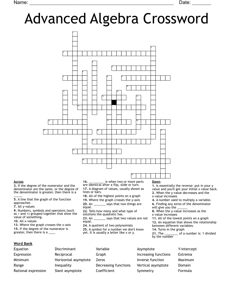 Advanced Algebra Crossword