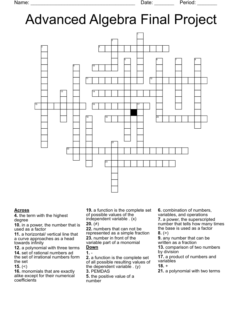 Advanced Algebra Final Project Crossword