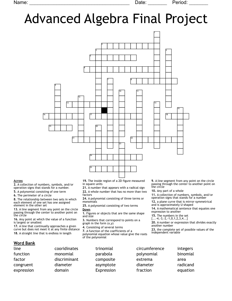 Advanced Algebra Final Project Crossword