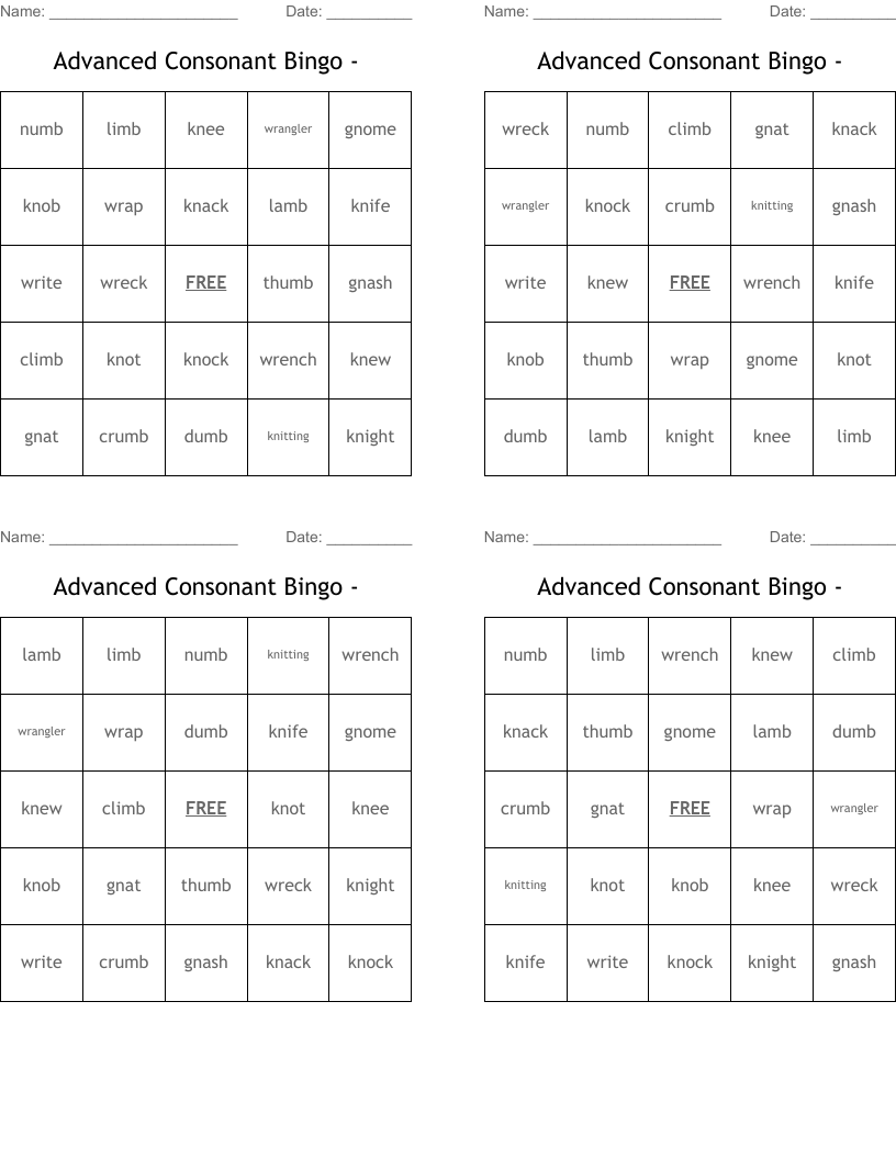 Advanced Consonant Bingo - 