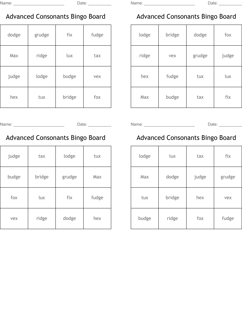 Advanced Consonants Bingo Board