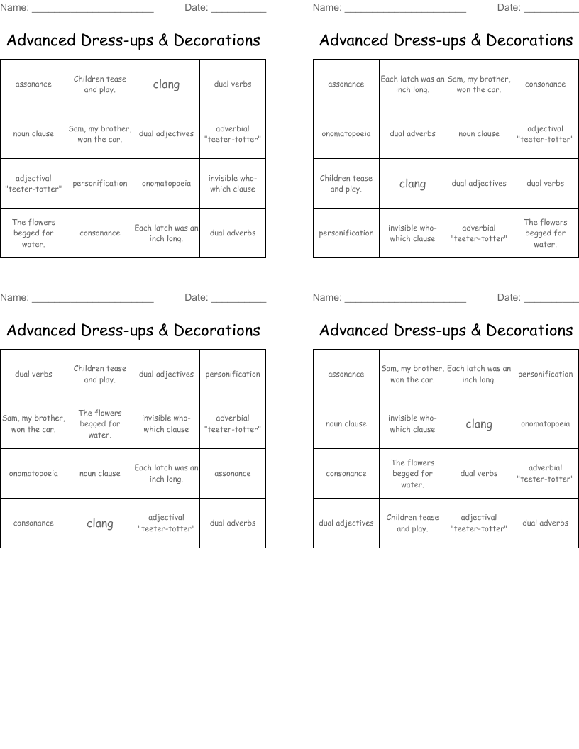 Advanced Dress-ups & Decorations Bingo Cards