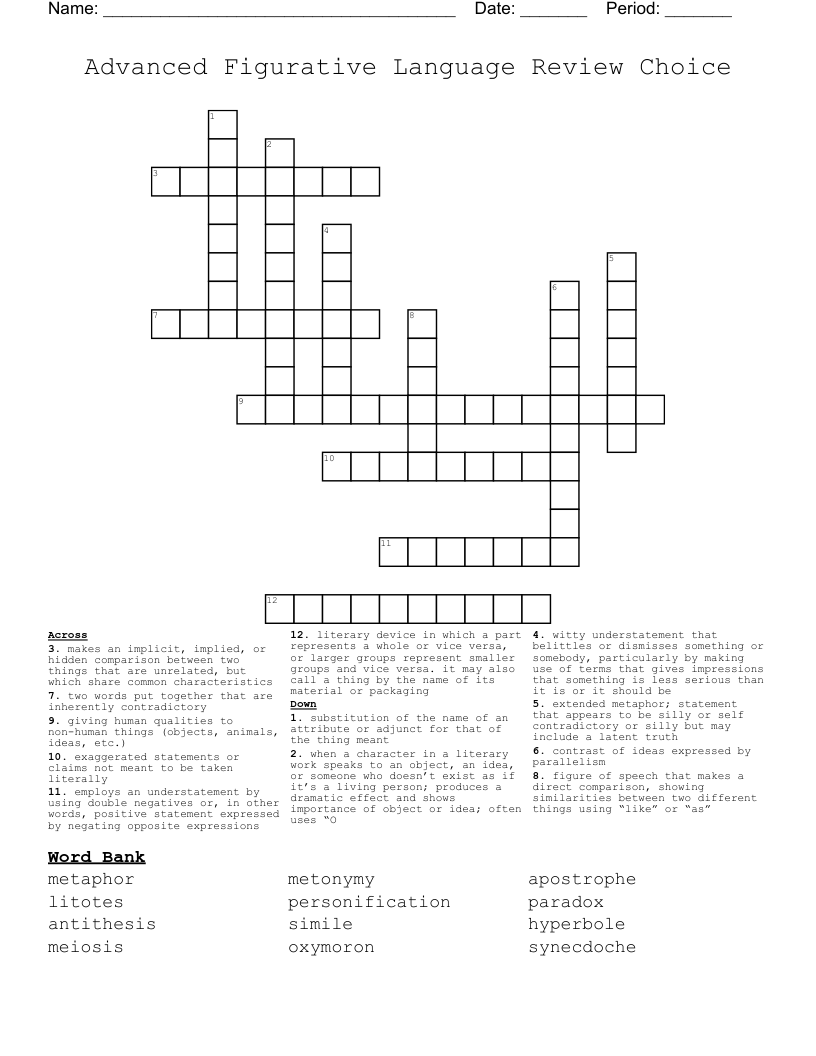 Advanced Figurative Language Review Choice Crossword
