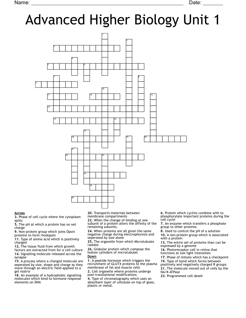 Advanced Higher Biology Unit 1 Crossword