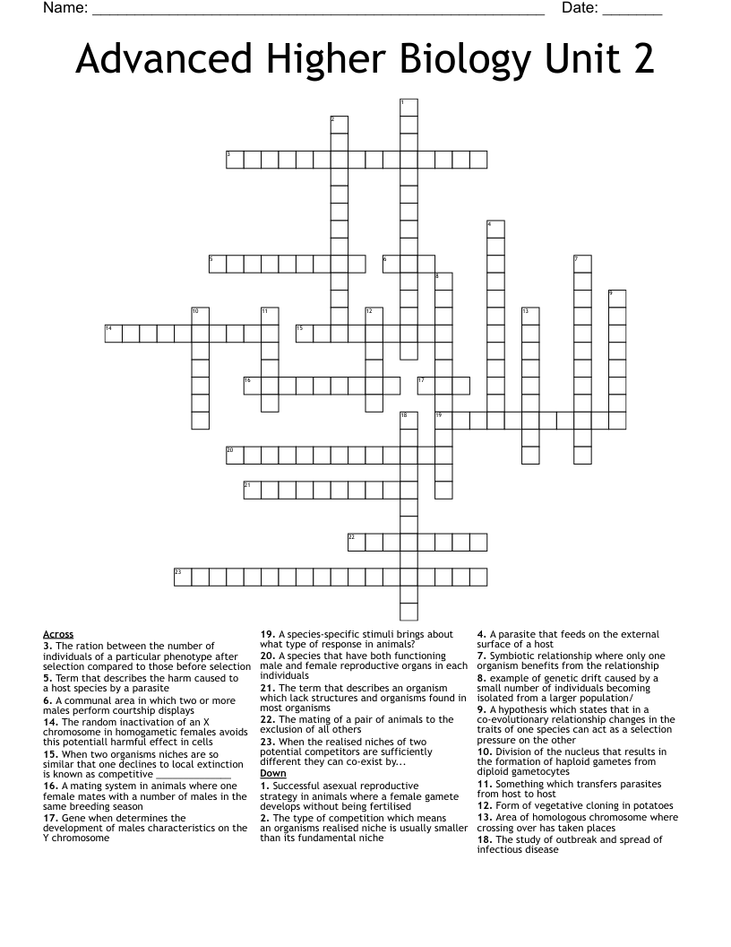 Advanced Higher Biology Unit 2 Crossword