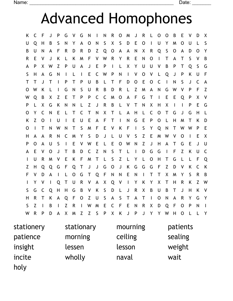 Advanced Homophones Word Search