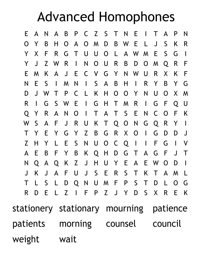 Advanced Homophones Word Search