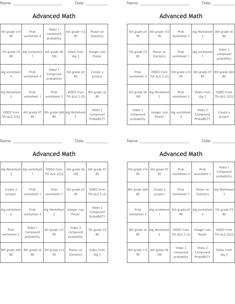 Advanced Math Bingo Cards