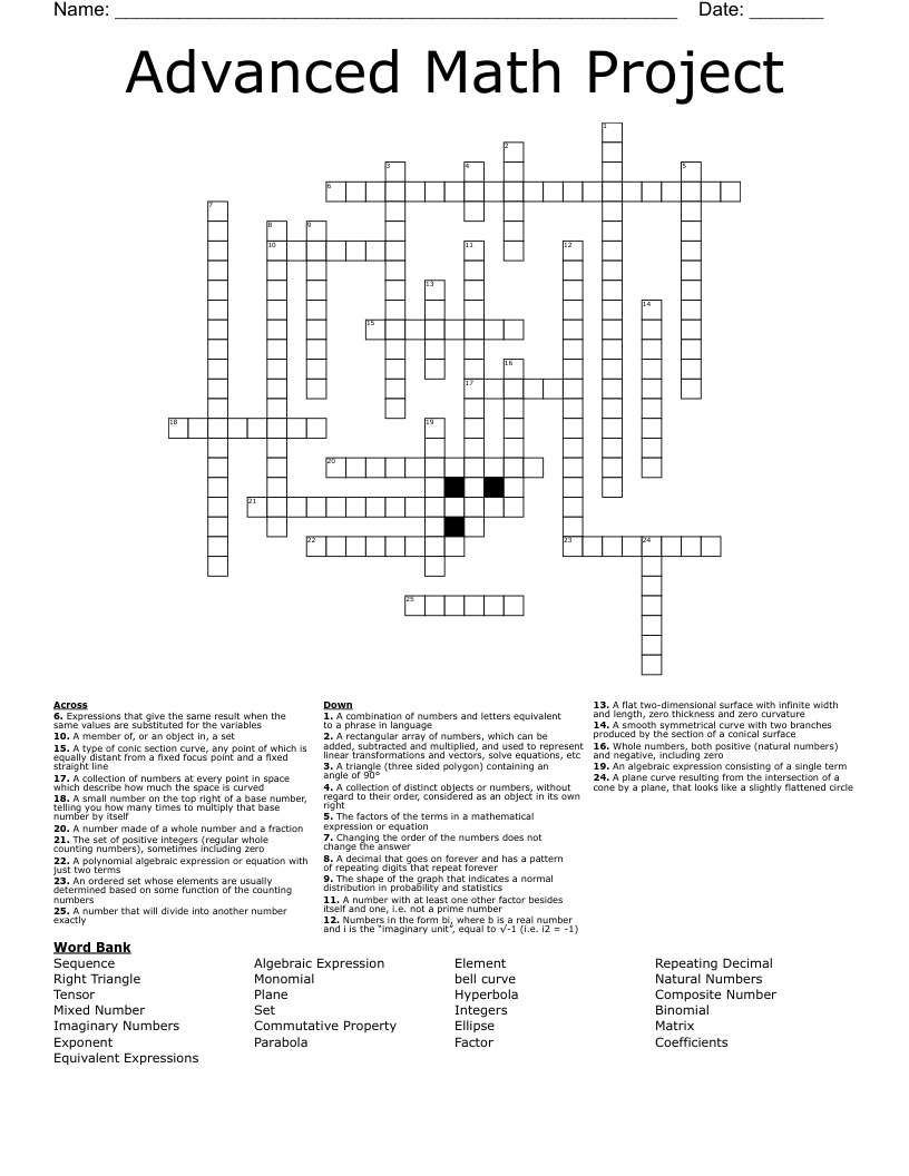 Advanced Math Project  Crossword