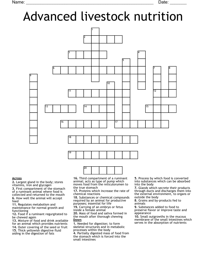 Advanced livestock nutrition  Crossword