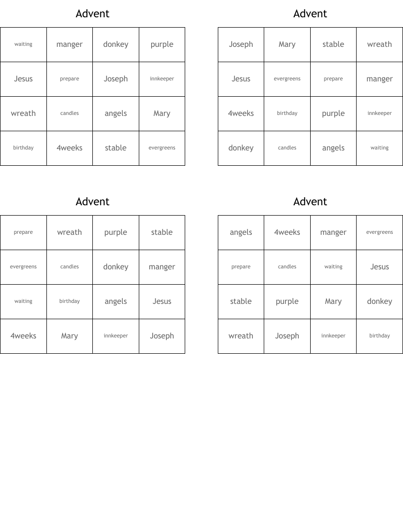 Advent Bingo Cards