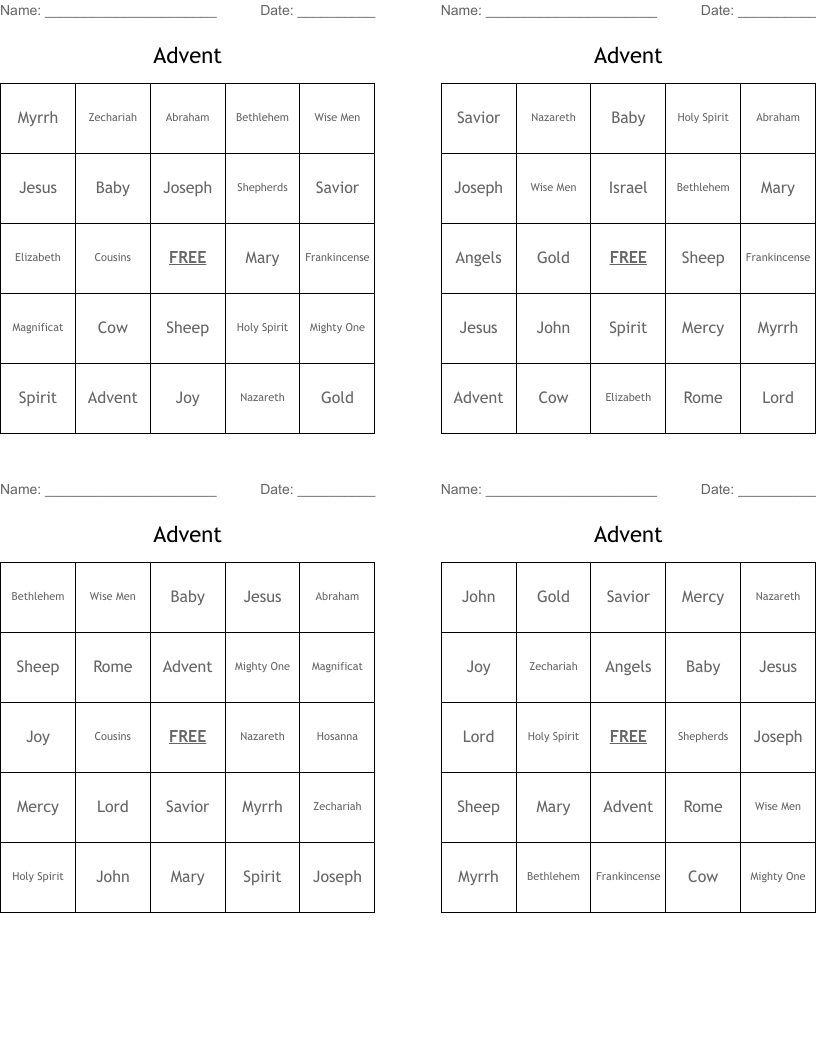 Advent Bingo Cards