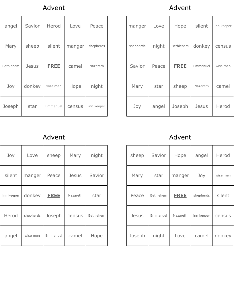 Advent Bingo Cards
