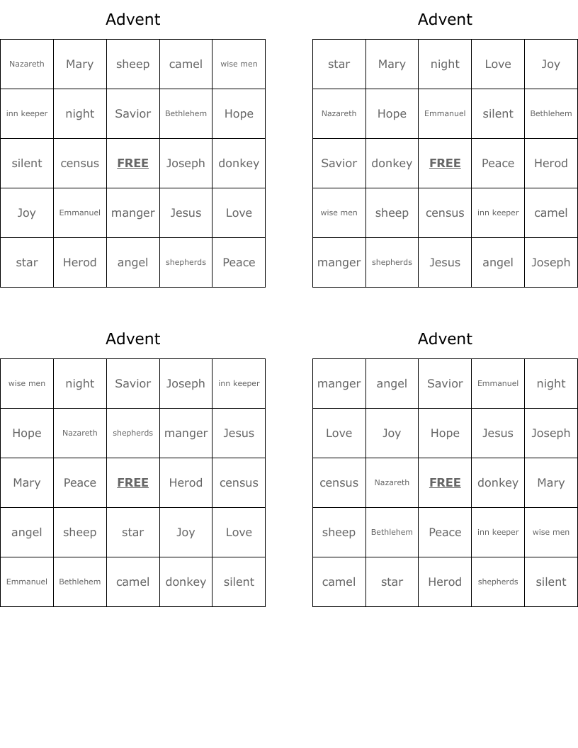 Advent Bingo Cards