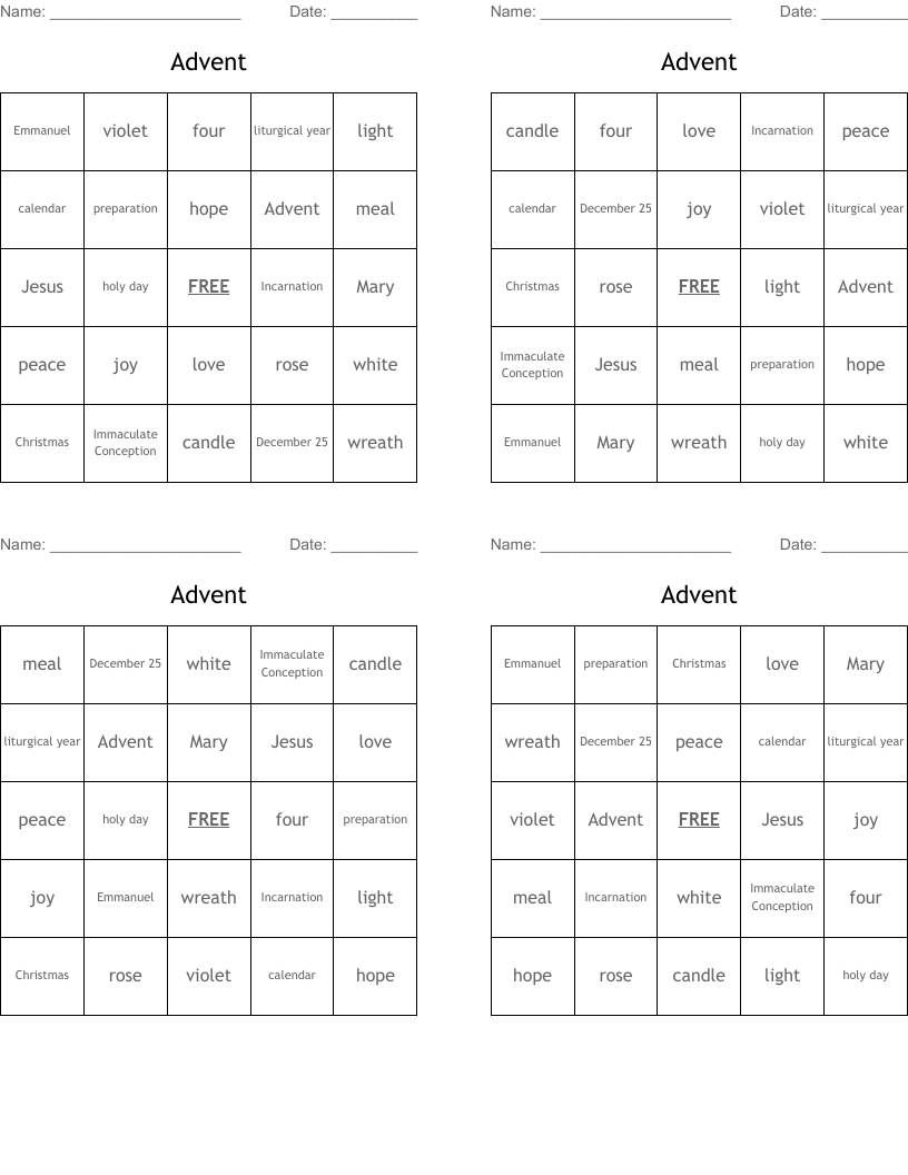 Advent Bingo Cards