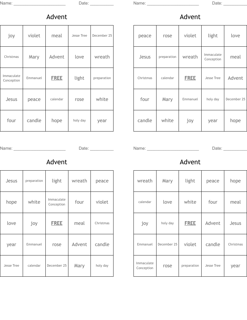 Advent Bingo Cards