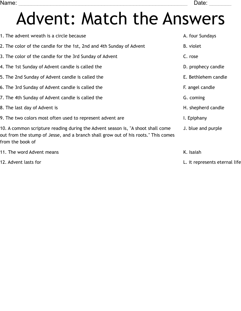 Advent: Match the Answers Worksheet