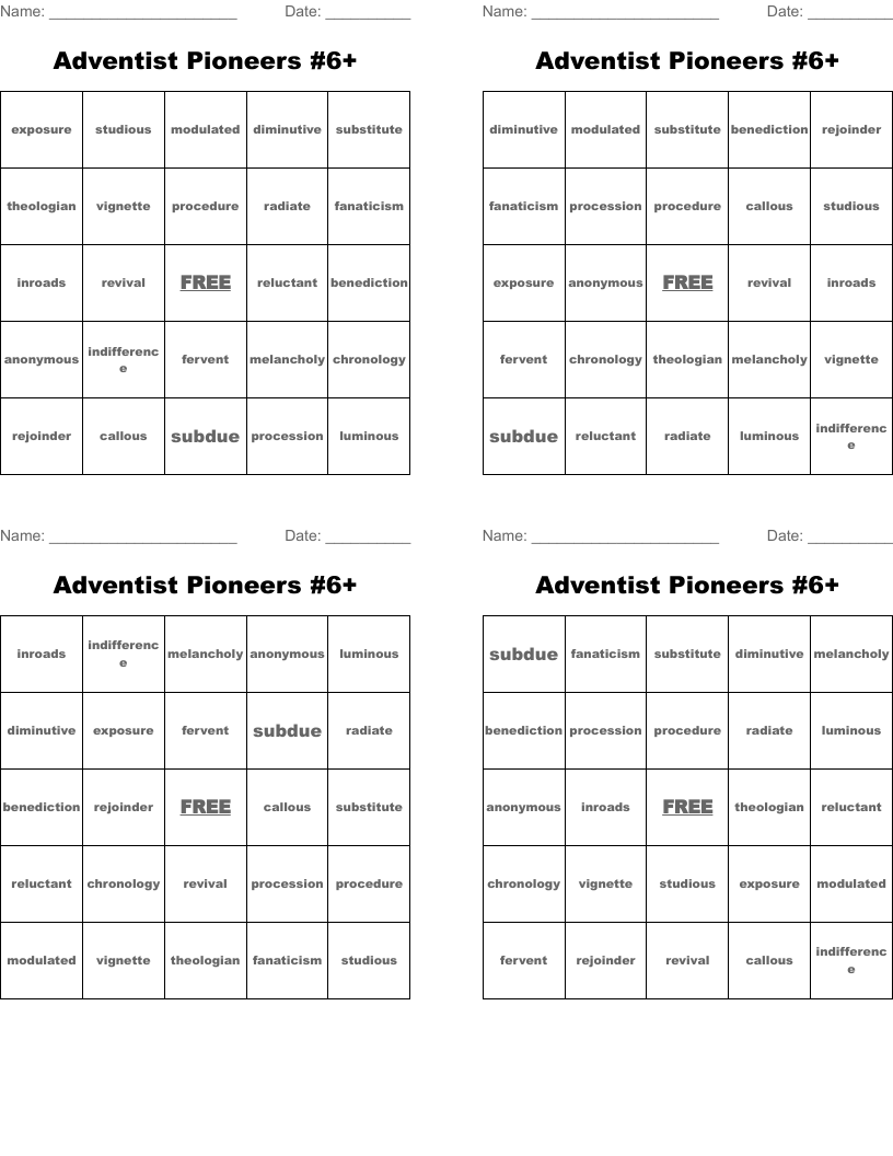 Adventist Pioneers #6+ Bingo Cards