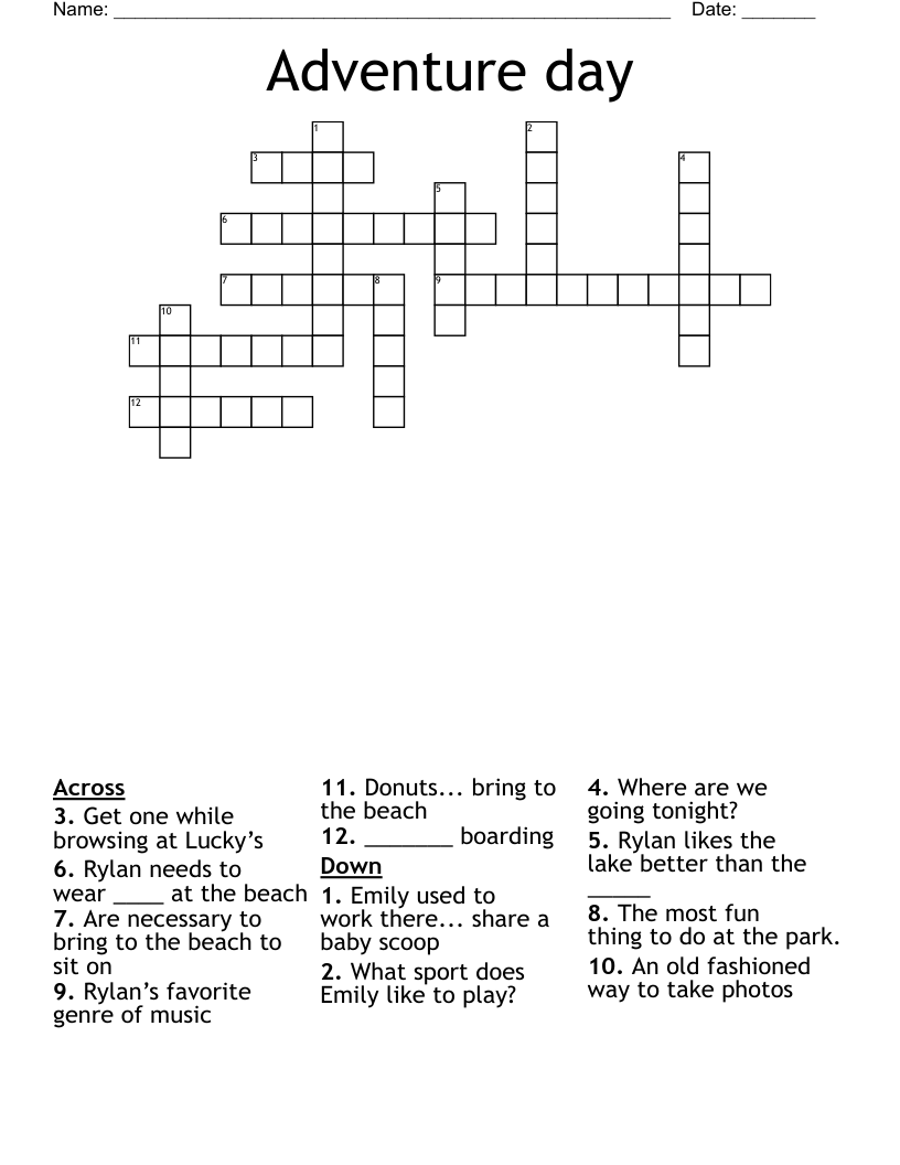 Adventure day Crossword