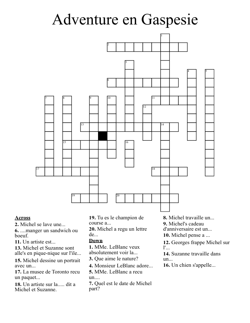Adventure en Gaspesie Crossword