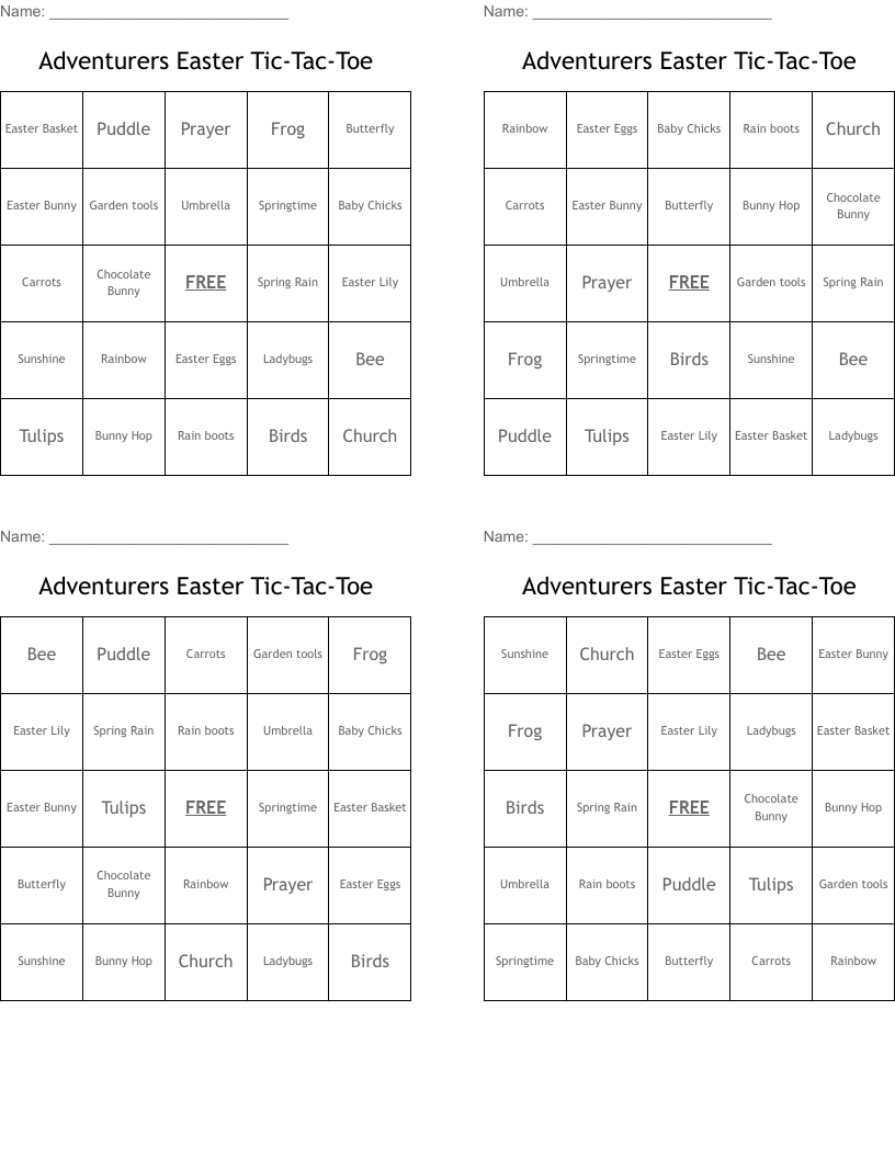 Adventurers Easter Tic-Tac-Toe Bingo Cards