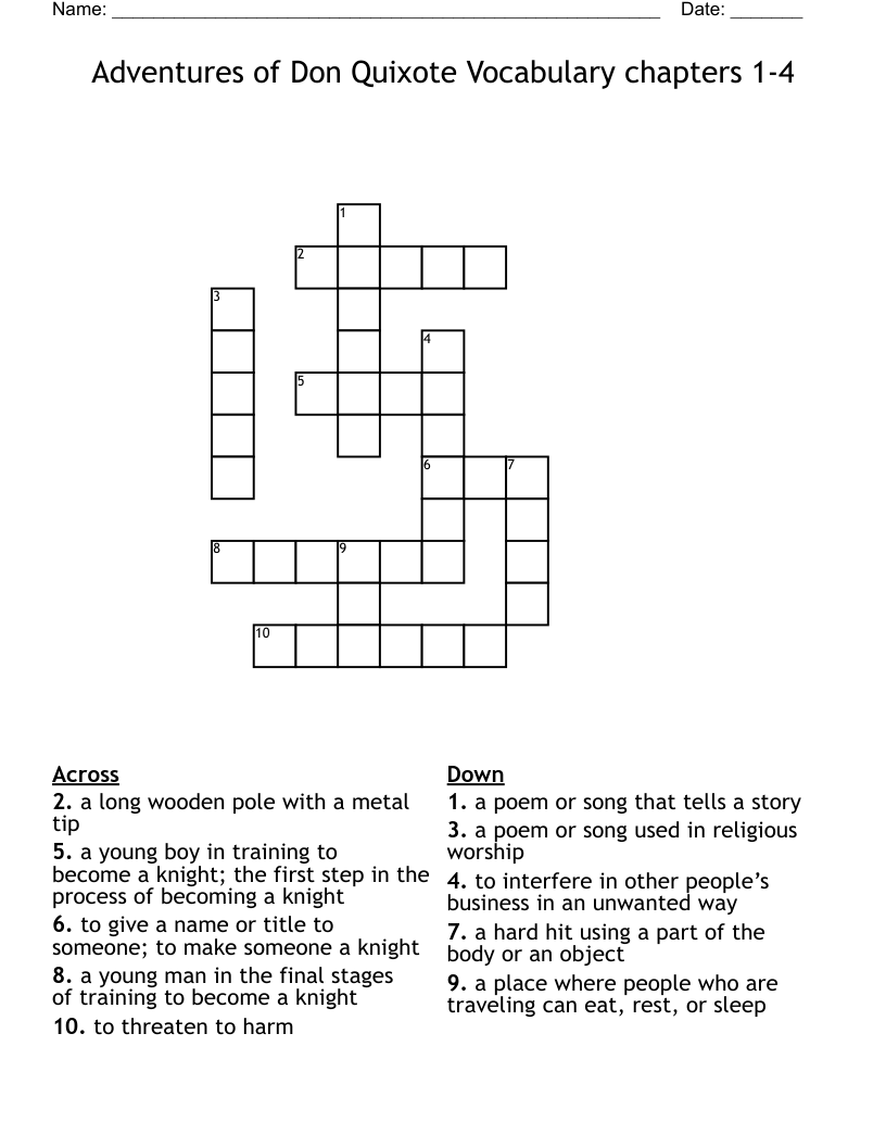 Adventures of Don Quixote Vocabulary chapters 1-4 Crossword