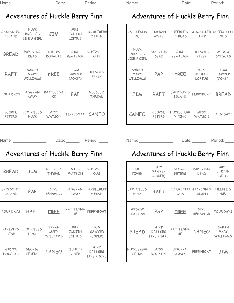 Adventures of Huckle Berry Finn  Bingo Cards