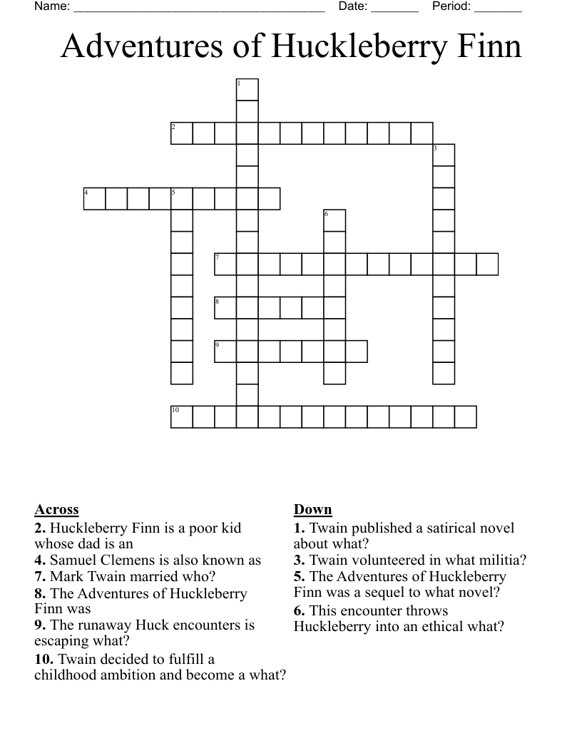 Adventures of Huckleberry Finn Crossword