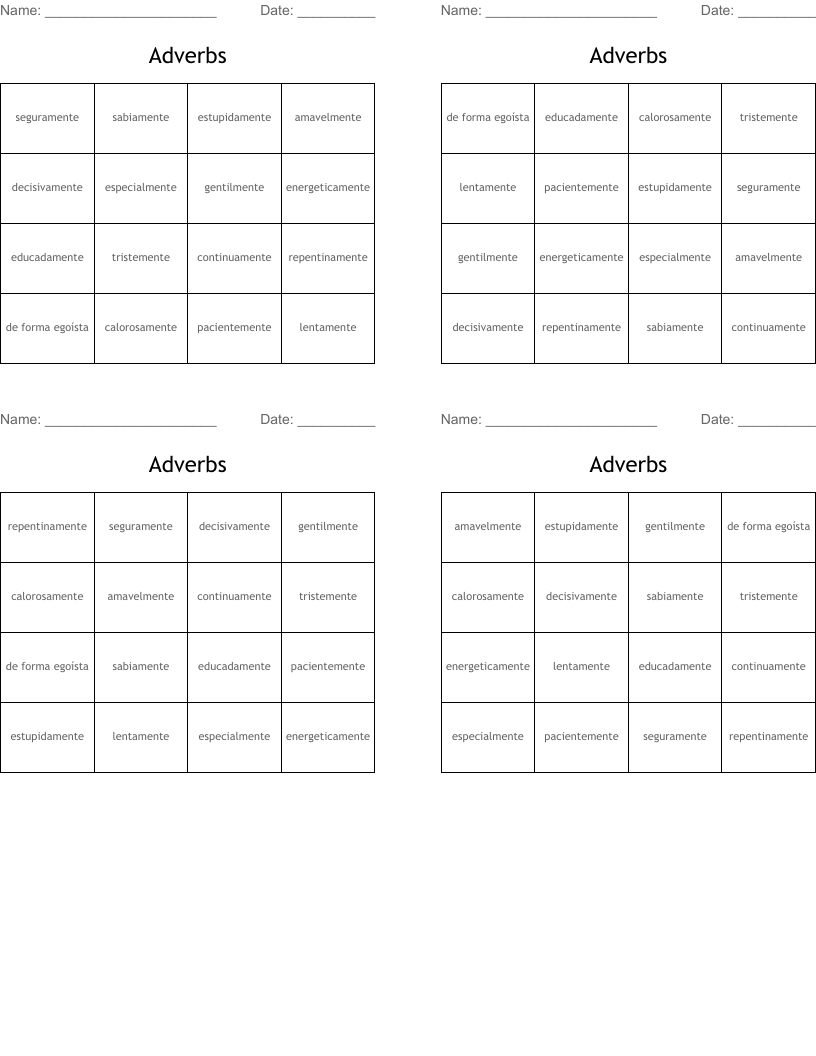 Adverbs Bingo Cards