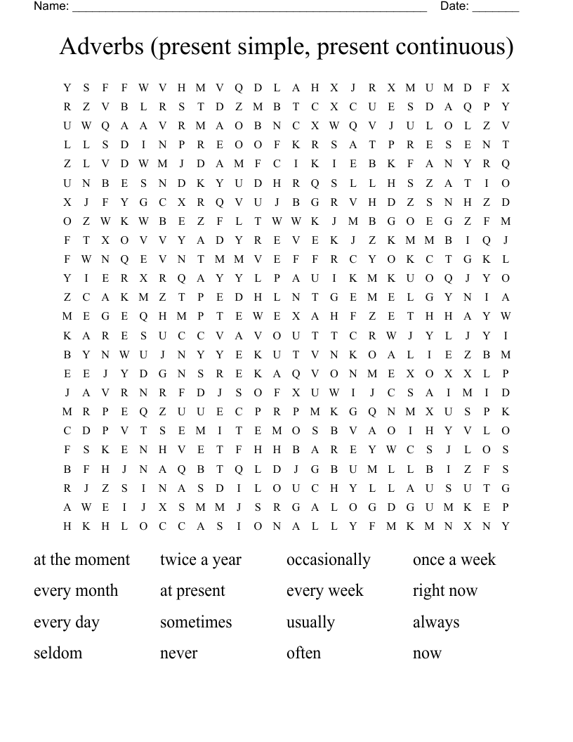 Adverbs (present simple, present continuous) Word Search