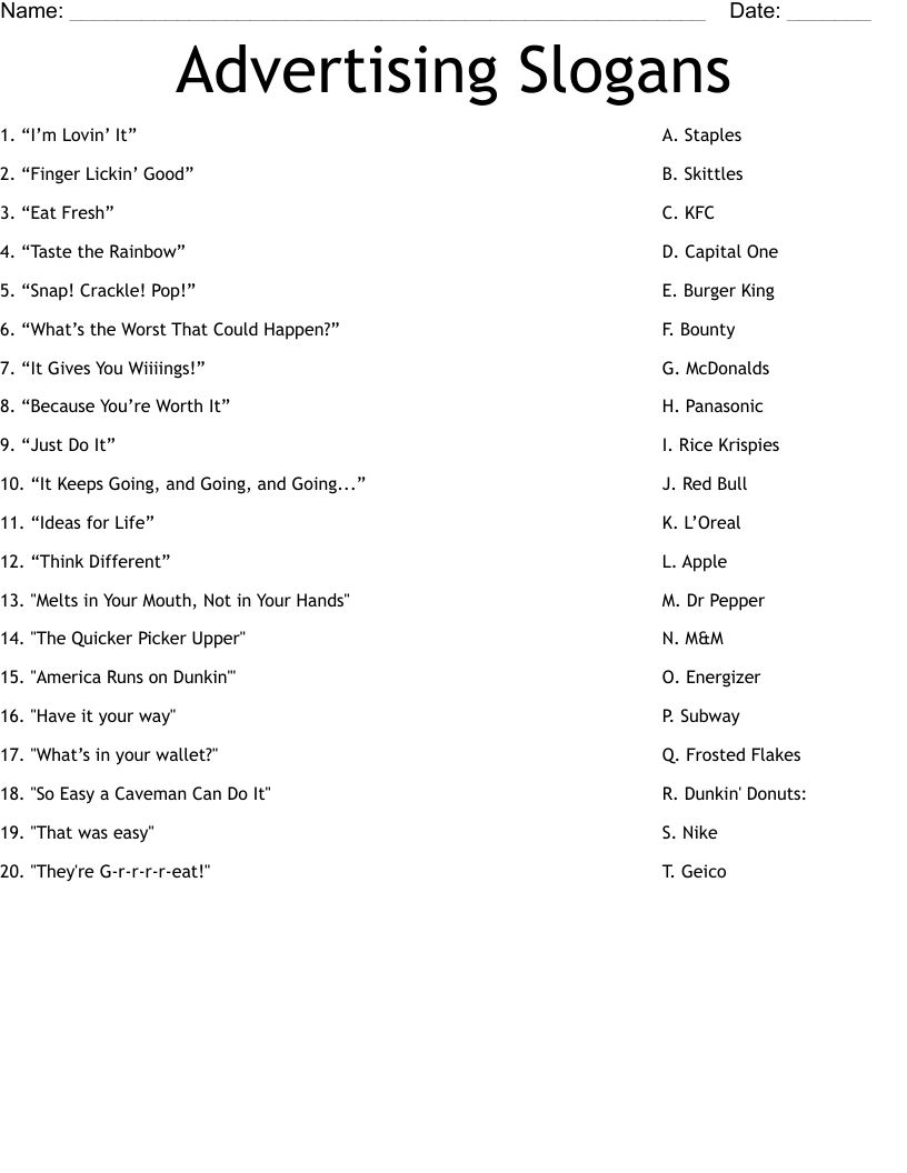 Advertising Slogans Worksheet