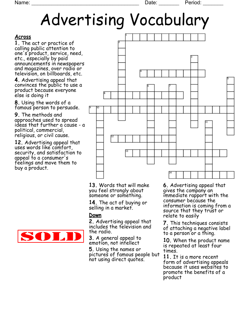 Advertising Vocabulary  Crossword