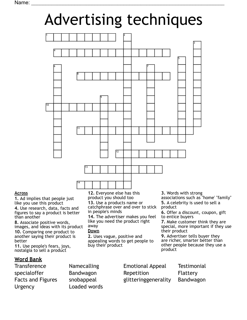 Advertising techniques Crossword